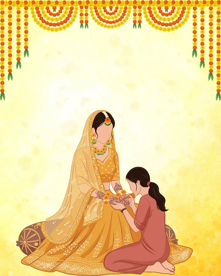 The bride having her mehendi applied, under marigold garlands